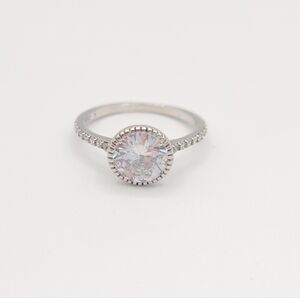 Silver Tone CZ Halo Solitaire Ring Size 5 Dainty Pavé Band Engagement Style